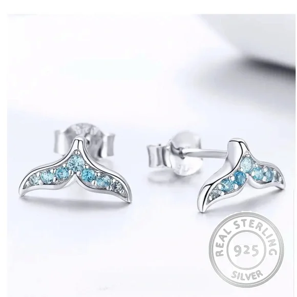Genuine 925 Sterling Silver Whale / Mermaid Tail Earrings - Picture 1 of 8